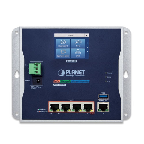 IP30 Industrial Wall-mount Gigabit Router with 4-Port 802.3at PoE+ and LCD Touch Screen(120W PoE Bud